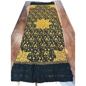 Black Silk Wool Scarf With Gold Star And Flowers Hand Embroidered In India 6X2ft